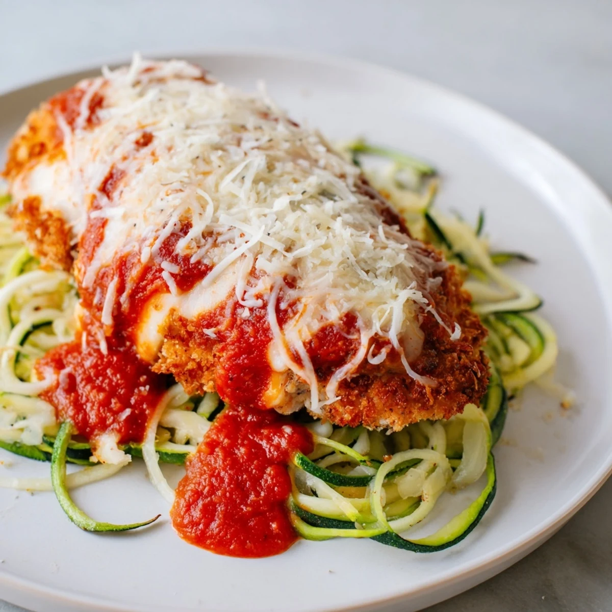 A close-up of crispy gluten-free panko-coated chicken Parmesan served on green zucchini noodles, with melted cheese and red sauce.
