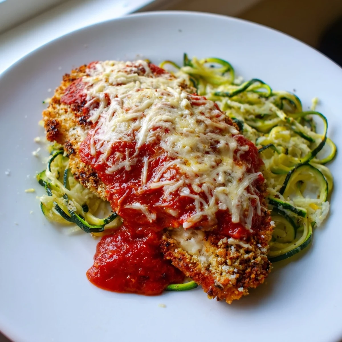 Golden baked chicken breasts topped with bubbly mozzarella and marinara over a bed of fresh, sautéed zucchini noodles, garnished with basil.