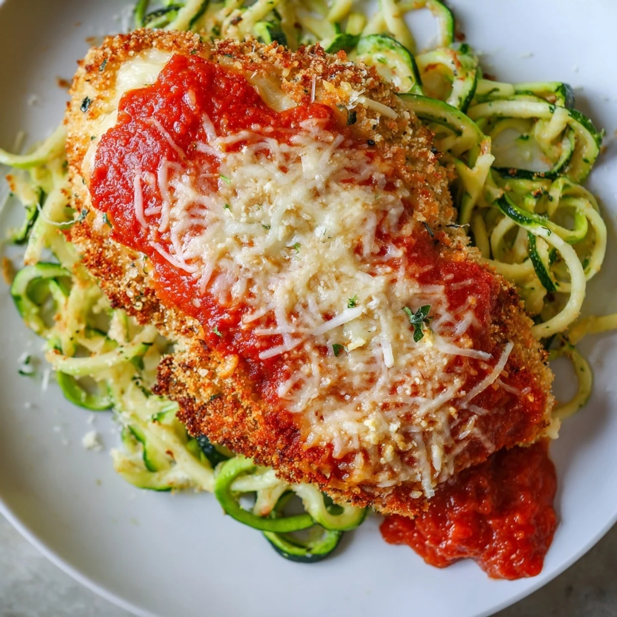 Oven-baked chicken Parmesan recipe plated with garlicky zucchini noodles, fresh basil, and a side of marinara for a healthy dinner.