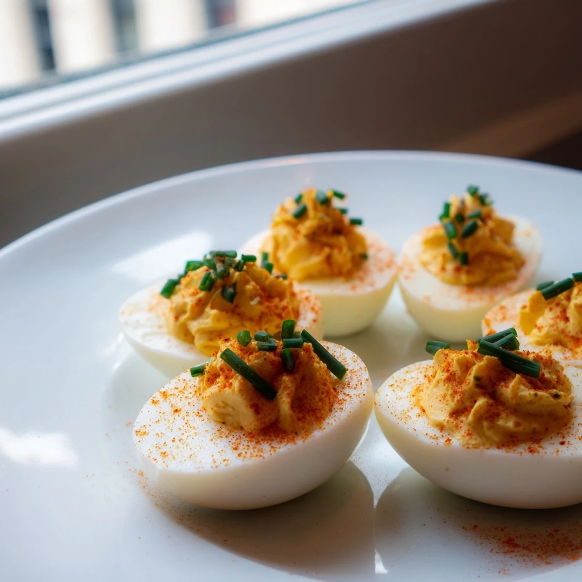 Freshly peeled halved eggs filled with creamy deviled eggs with chives and smoked paprika on a white platter.