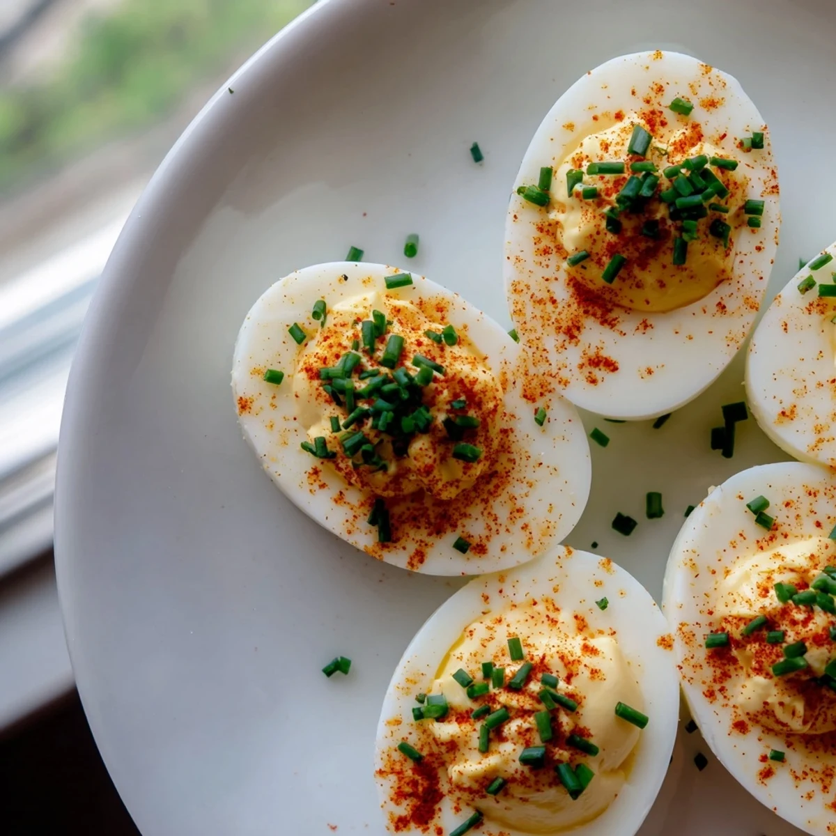 Golden deviled eggs with chives and smoked paprika garnished with fresh herbs, served as a party appetizer.