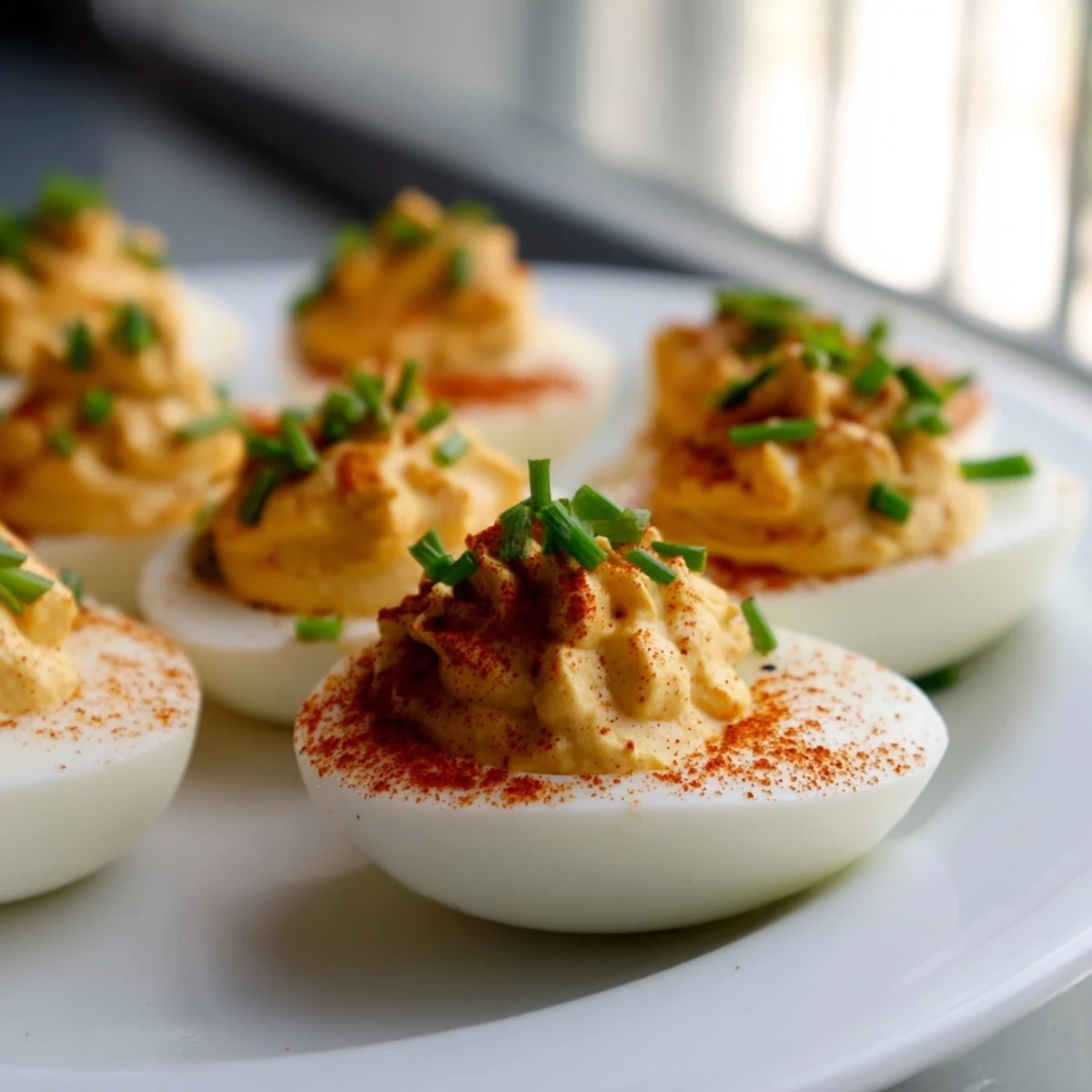 Appetizing deviled eggs with chives and smoked paprika arranged on a marble board, ready to be enjoyed.