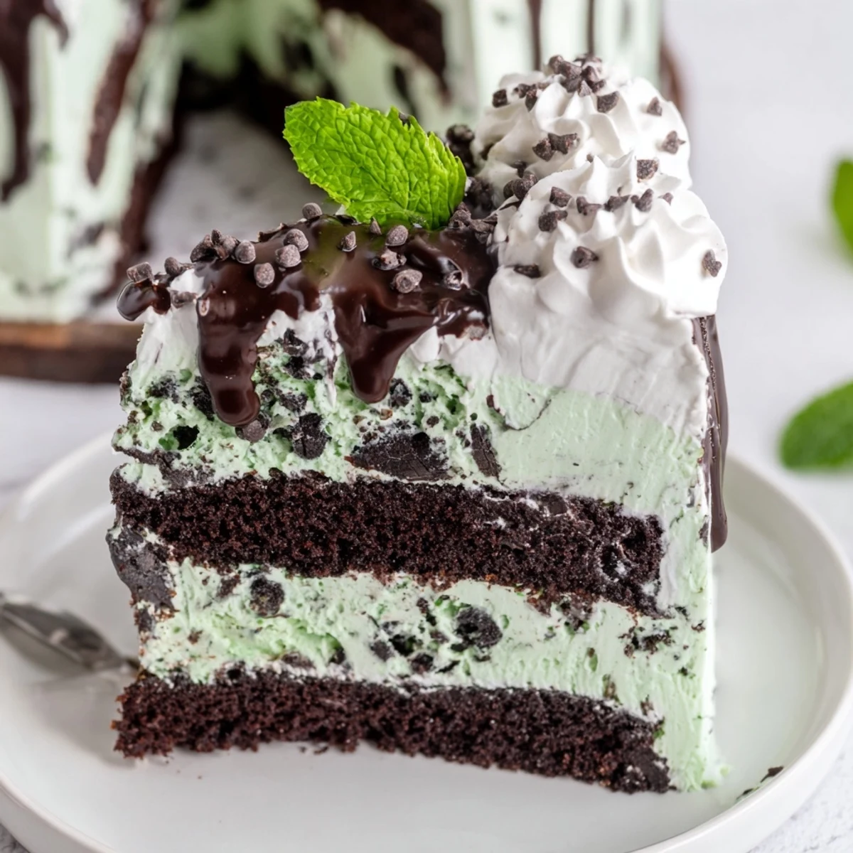A slice of Mint Chocolate Chip Ice Cream Cake shows layers of chocolate cake and mint ice cream, topped with whipped cream and chocolate ganache.