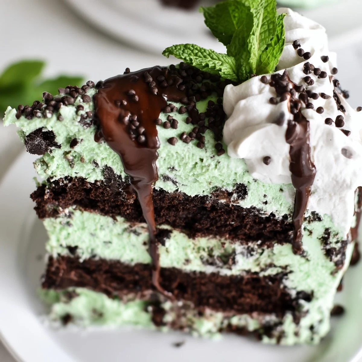 This Mint Chocolate Chip Ice Cream Cake features smooth mint ice cream between rich chocolate layers, garnished with fresh mint and chocolate chips.
