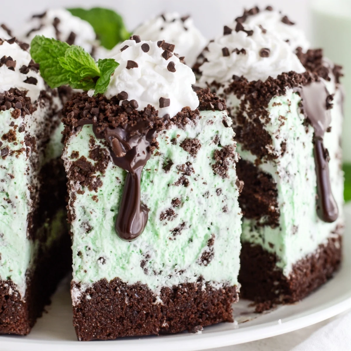 Enjoy this Mint Chocolate Chip Ice Cream Cake, with creamy mint ice cream and chocolate cake layers on a white plate, served with a drizzle of ganache.