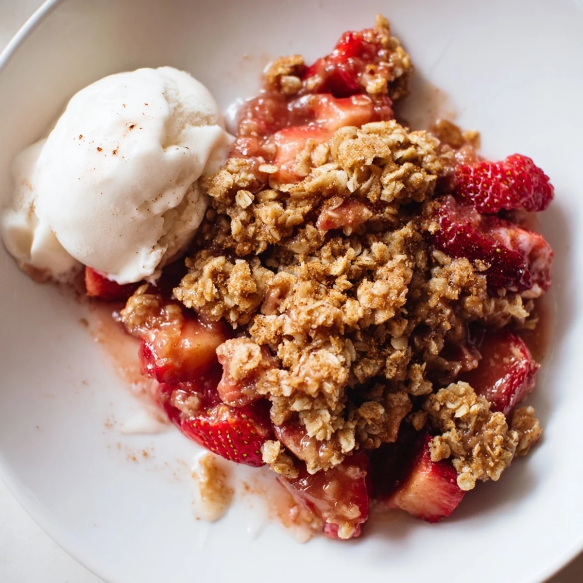 A close-up of baked Strawberry Rhubarb Crisp with bubbly red fruit and a golden oat crumble topping.