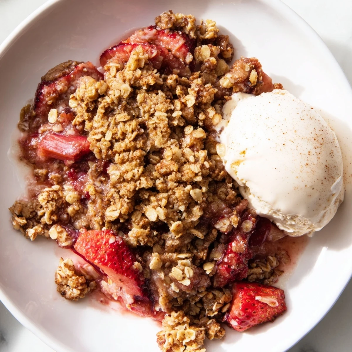 A rustic serving of warm strawberry rhubarb crisp, with juicy fruit filling and a crunchy oat topping.