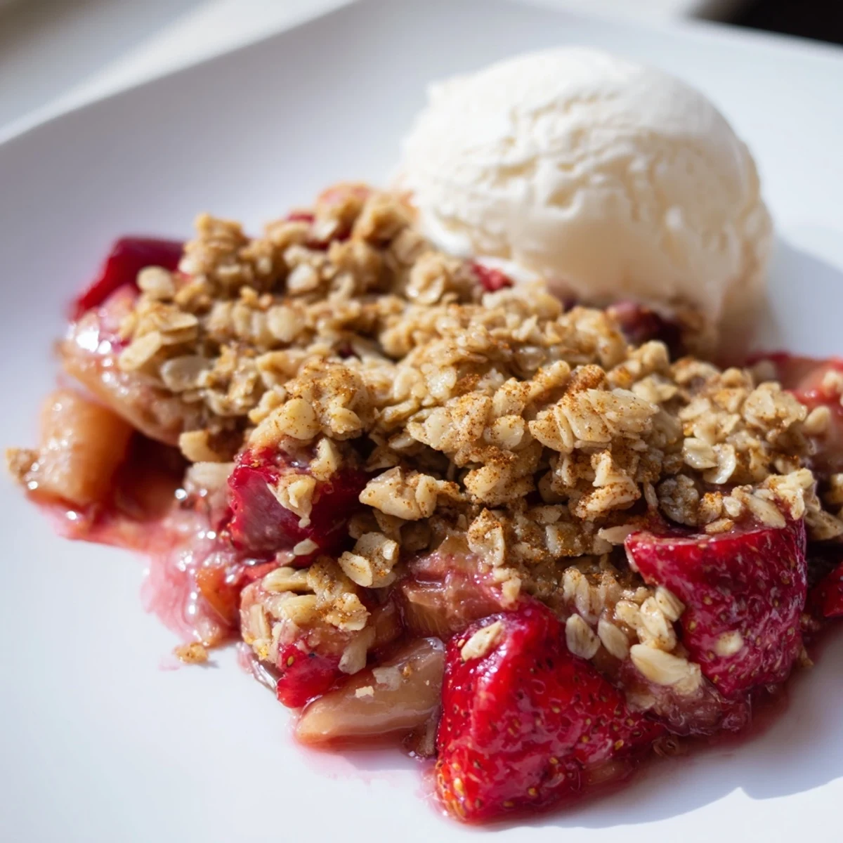 Fresh strawberry rhubarb crisp in a white baking dish with a scoop of vanilla ice cream melting on top.