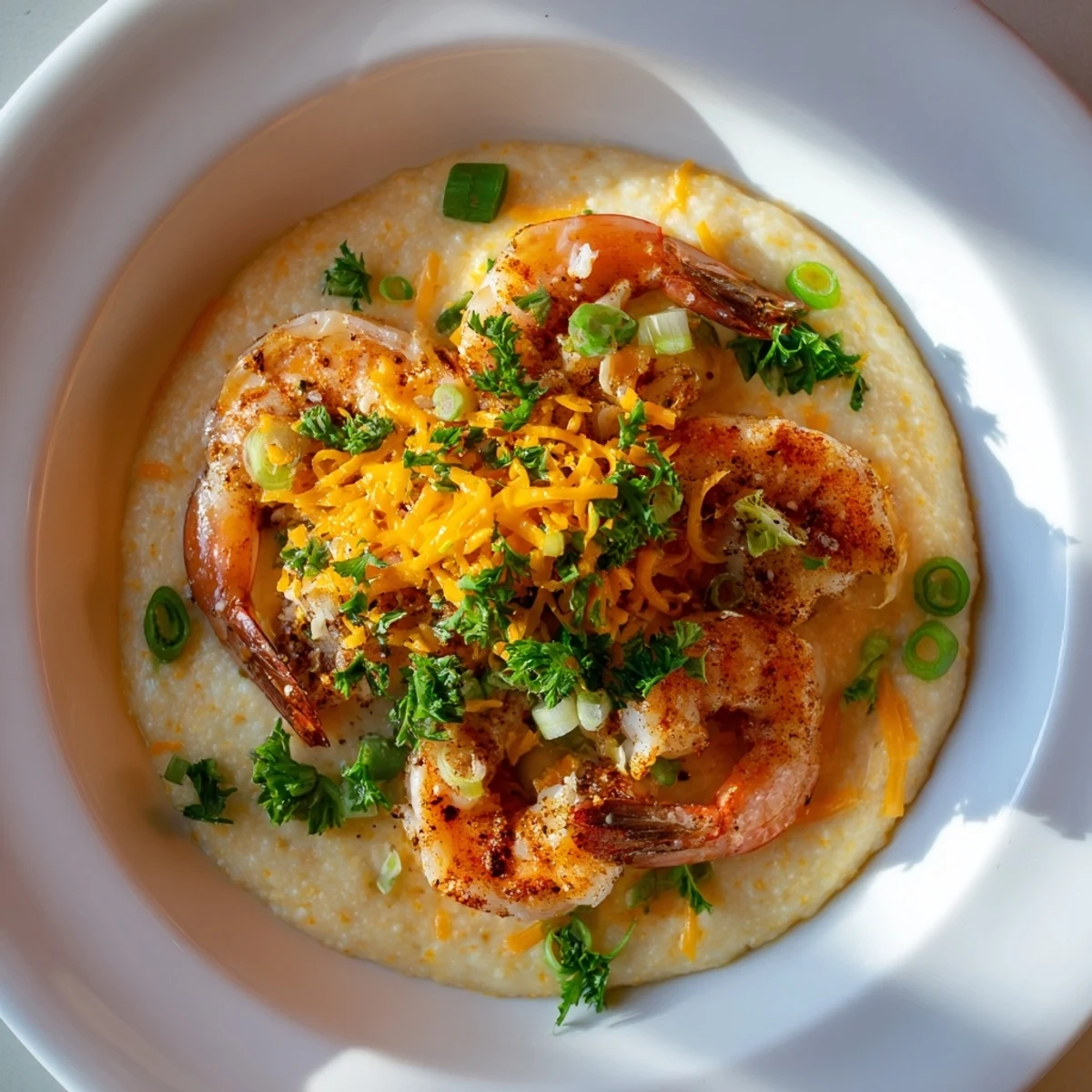Succulent Cajun Shrimp and Grits with Cheddar Cheese served in a rustic bowl, topped with fresh parsley and green onions.