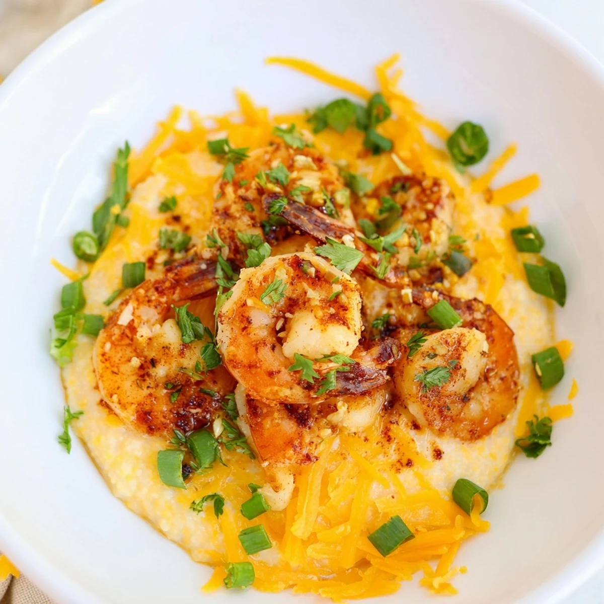 Hearty Southern Cajun Shrimp and Grits with Cheddar Cheese on a plate, featuring plump shrimp over warm, cheesy grits.