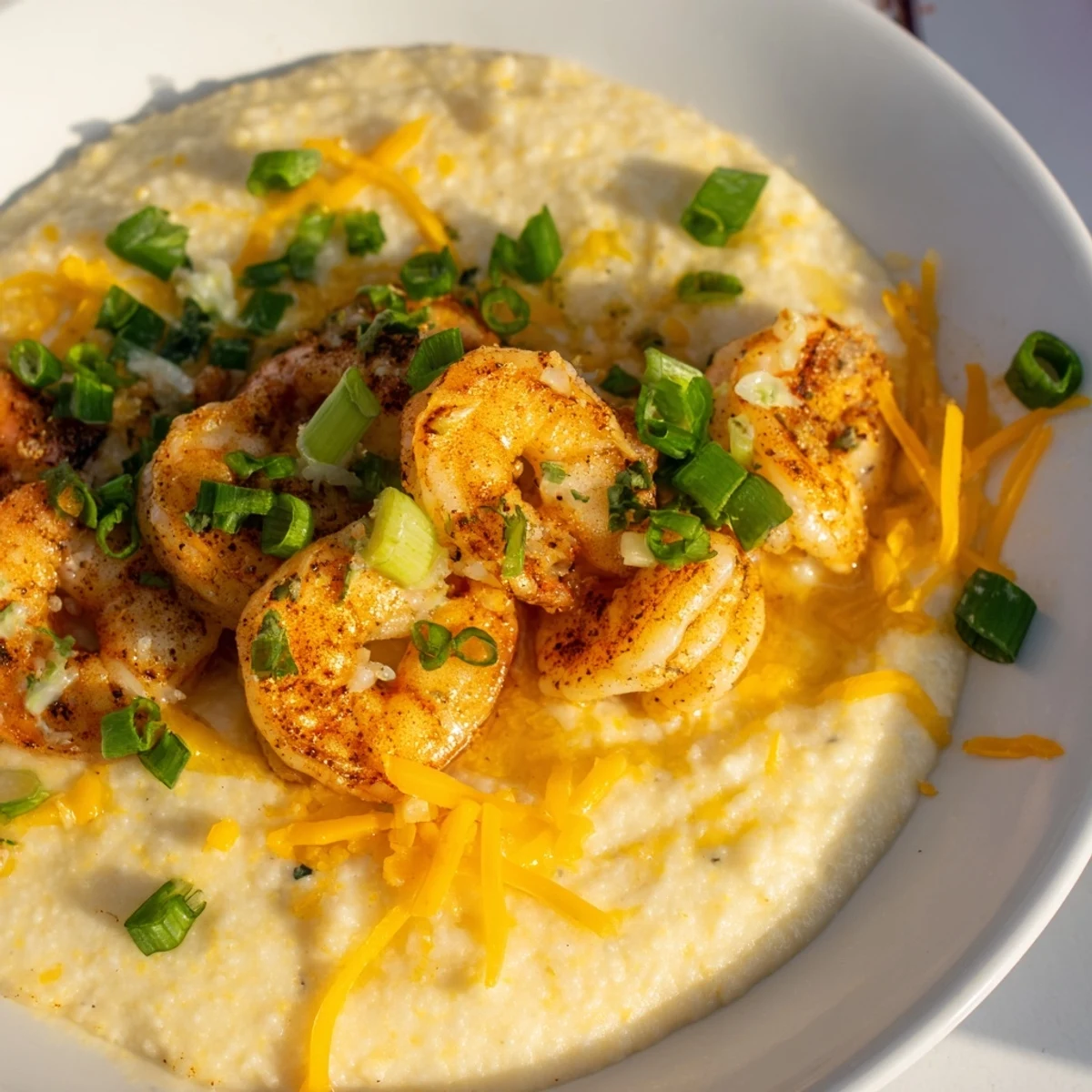 Creamy Cajun Shrimp and Grits with Cheddar Cheese drizzled with pan juices, garnished with melted cheddar and vibrant green onions.