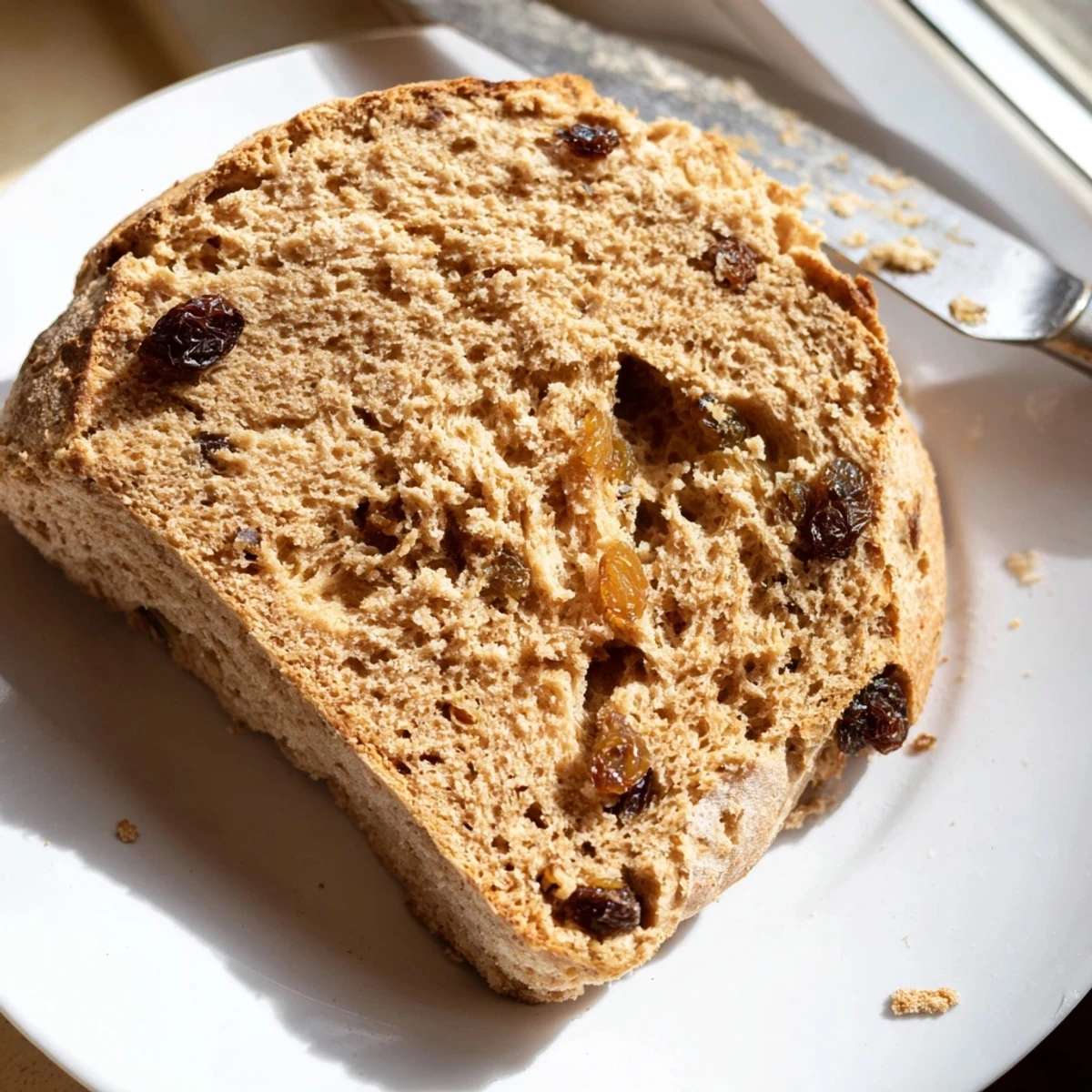 Freshly baked Whole Wheat Irish Soda Bread with Raisins sits on a rustic wooden board, its golden crust cracked open to reveal a moist, speckled crumb studded with plump, sweet raisins.