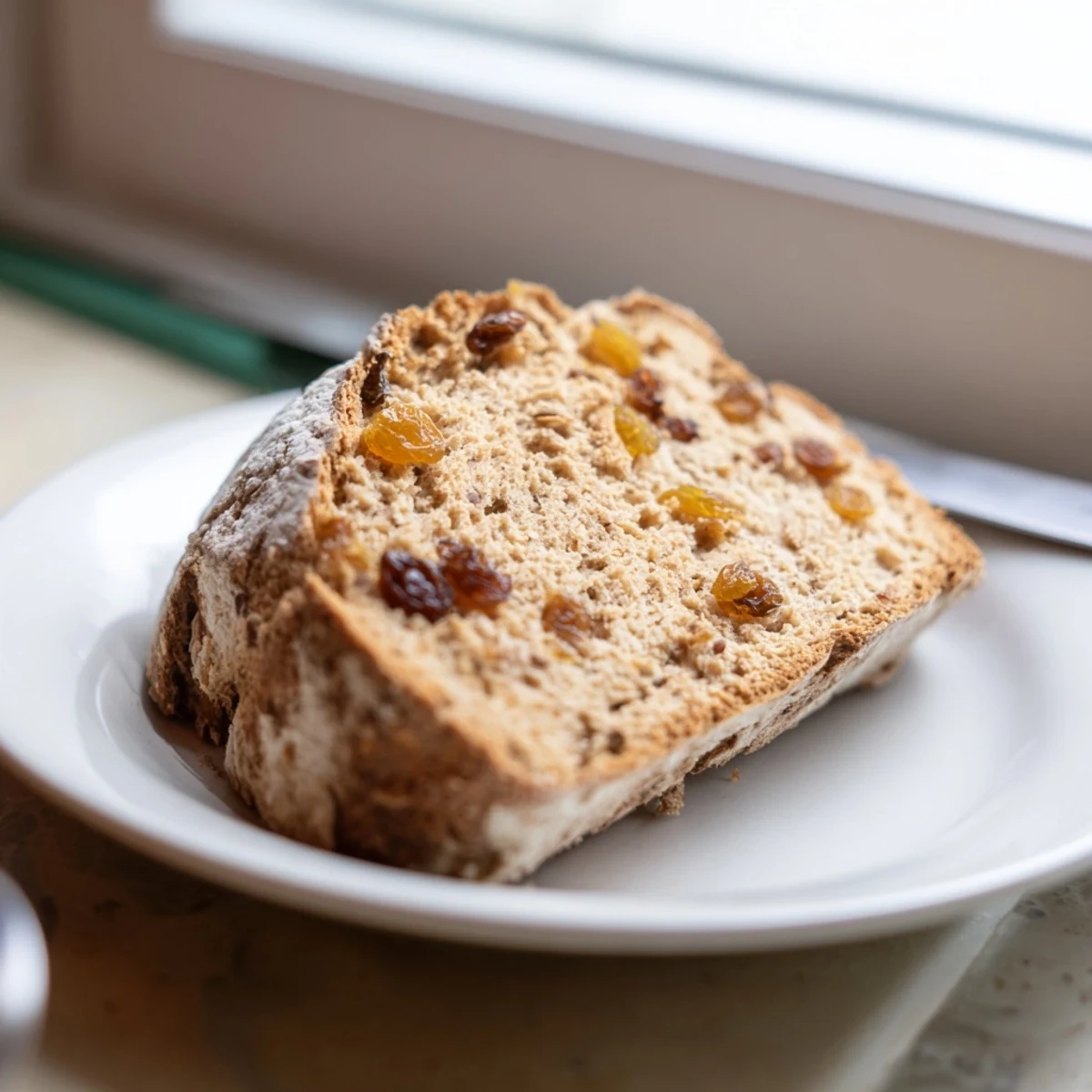 A close-up view of a warm slice of Whole Wheat Irish Soda Bread with Raisins, served on a cream plate next to a steaming mug of tea for a cozy breakfast.