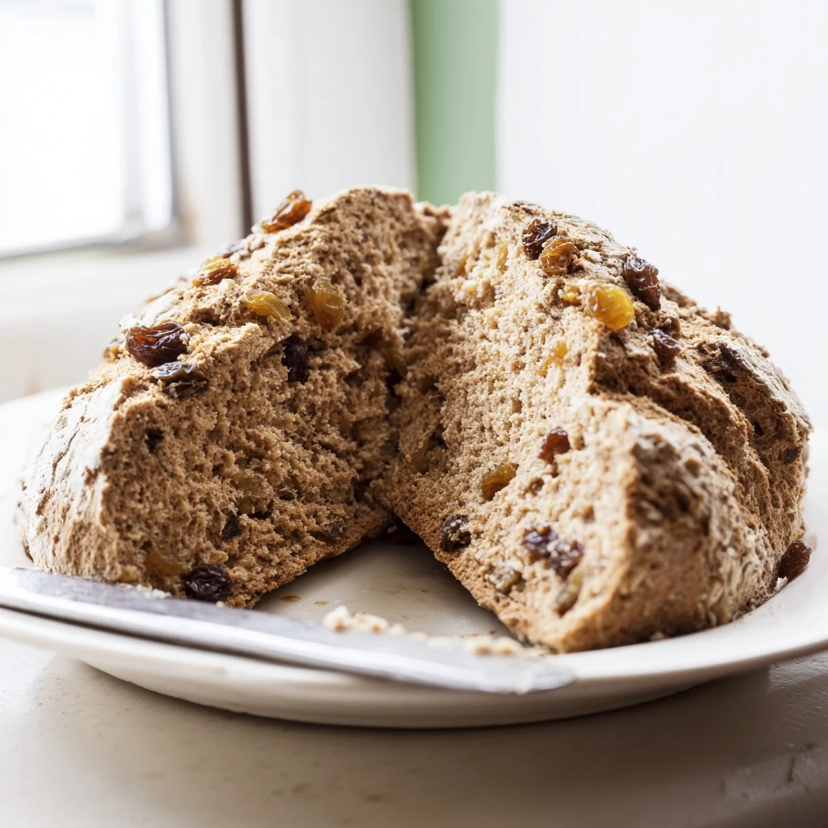 A golden-brown Whole Wheat Irish Soda Bread with Raisins loaf showing a deep X on top, resting on a cooling rack with scattered flour and a pat of butter nearby.