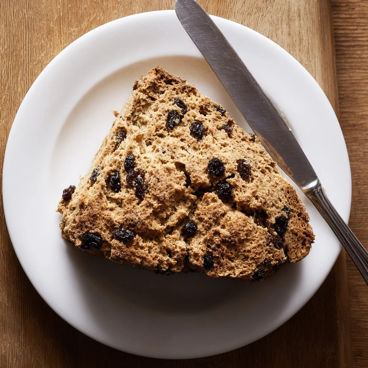 A rustic whole wheat Irish soda bread with currants on a wooden board, sliced to show the tender crumb.  