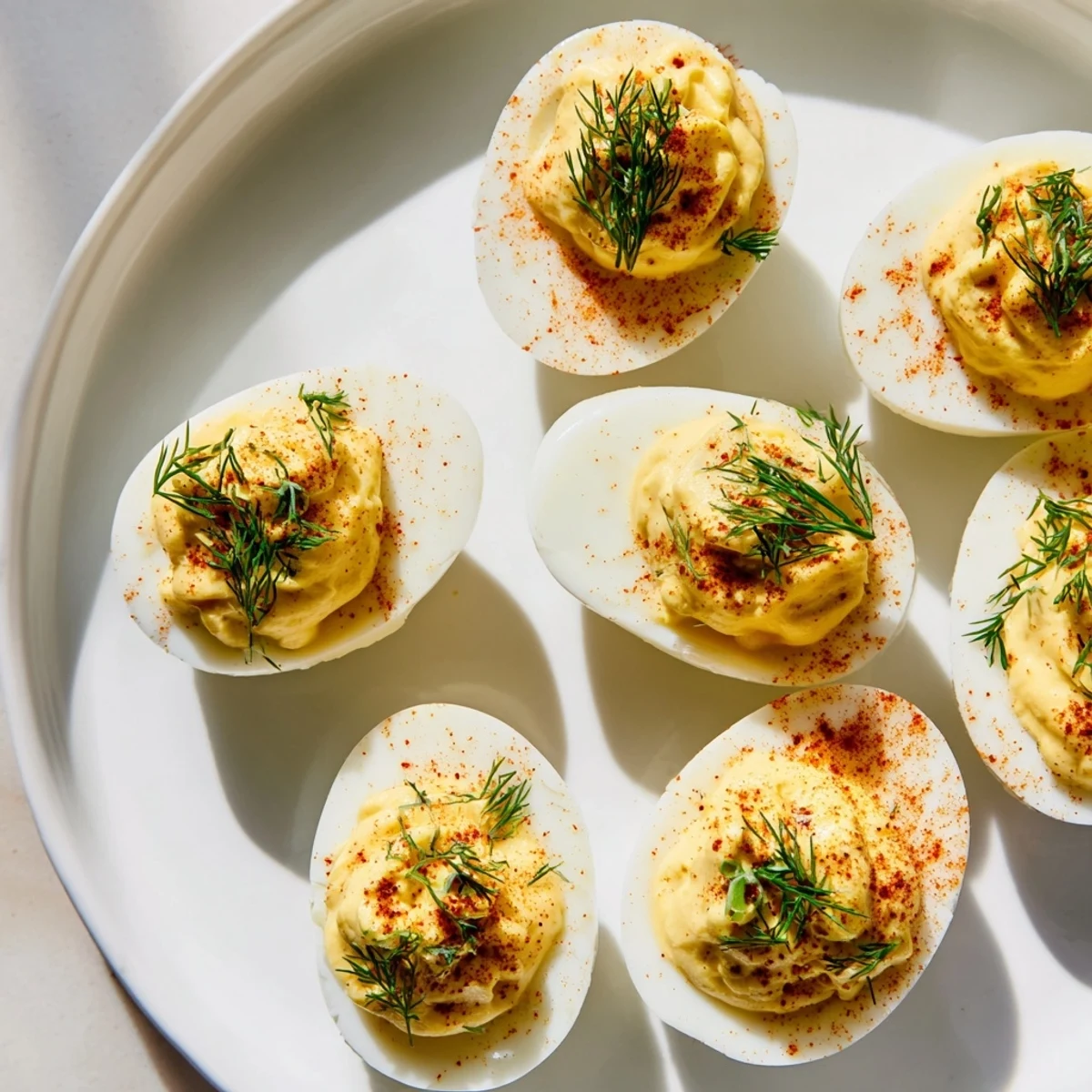 Deviled Eggs with Fresh Dill and Smoked Paprika garnished with vibrant green herbs and a light dusting of spice on a rustic wooden platter.