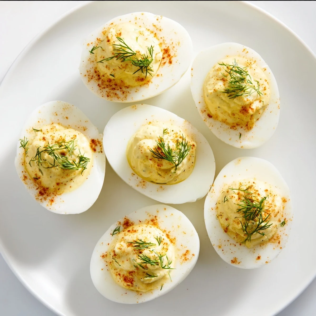 A close-up view of Deviled Eggs with Fresh Dill and Smoked Paprika served chilled on a white plate, perfect for a party appetizer.