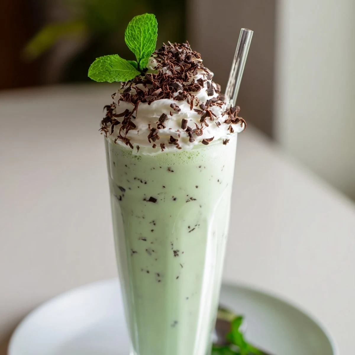 A tall glass of Mint Chocolate Chip Milkshake with Whipped Cream, garnished with chocolate shavings and a fresh mint leaf, beside a striped straw.
