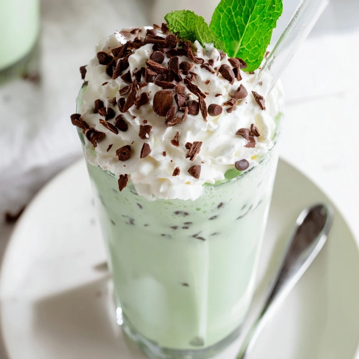 Homemade Mint Chocolate Chip Milkshake with Whipped Cream topped high in a frosted glass, perfect for summer dessert or an afternoon treat.