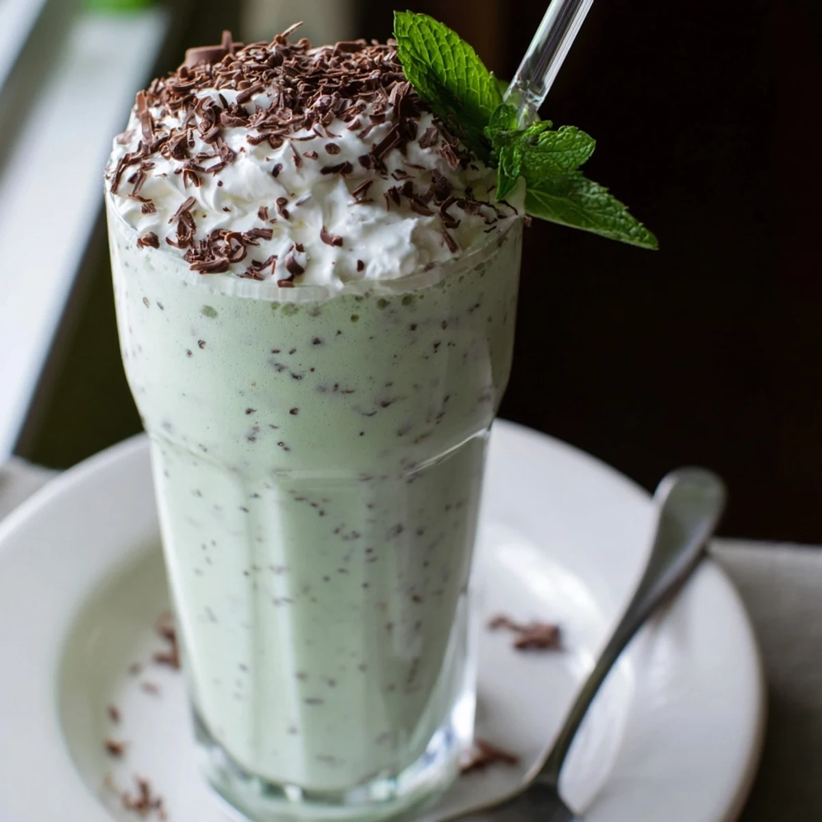 The creamy Mint Chocolate Chip Milkshake with Whipped Cream is poured into a chilled glass, with chocolate chips visible and a spoon ready to serve.