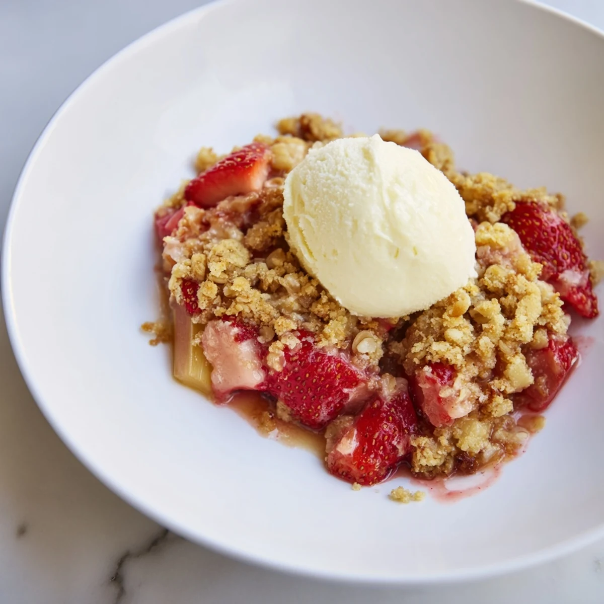 A warm slice of Strawberry Rhubarb Crumble with Vanilla Ice Cream, the golden crumble topping softening as a scoop melts into the tart fruit.