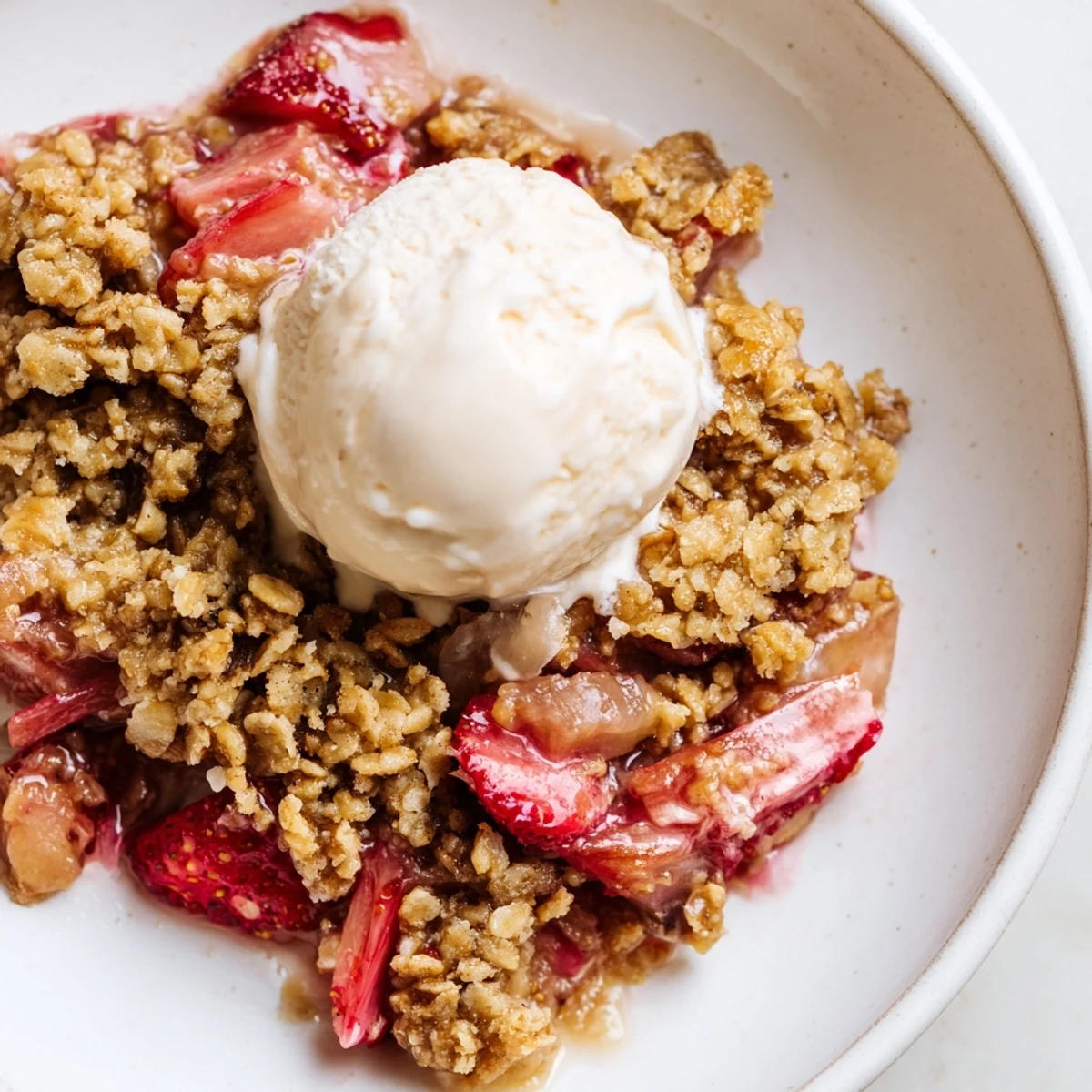 A close-up of Strawberry Rhubarb Crumble with Vanilla Ice Cream, featuring bubbling red fruit filling and a buttery oat crumble beside a melting scoop.