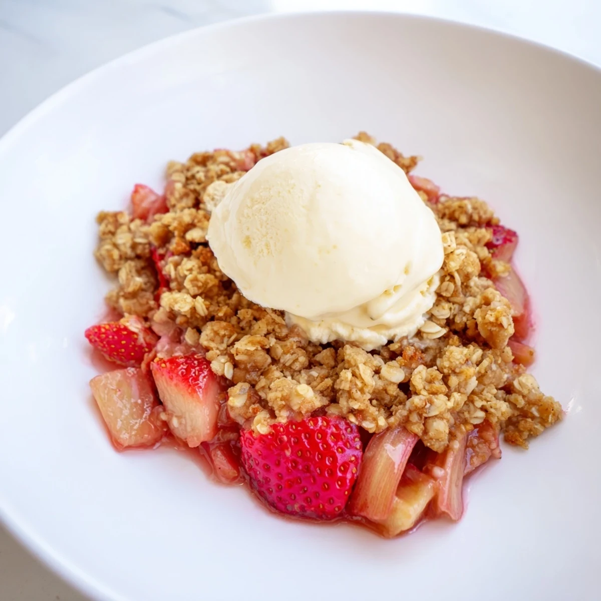 Serve this Strawberry Rhubarb Crumble with Vanilla Ice Cream in a rustic bowl, the warm dessert contrasting with the cold, creamy vanilla topping.