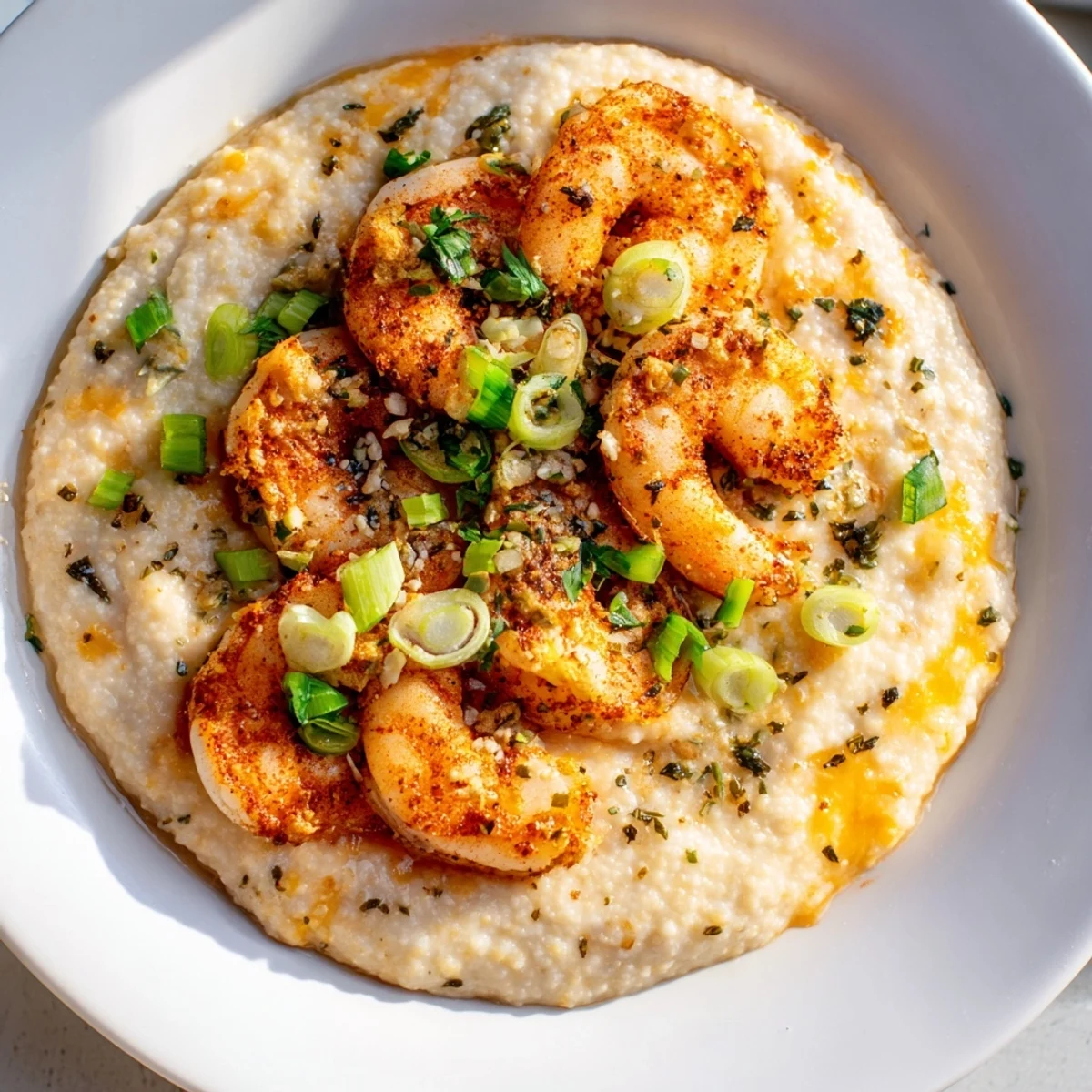 Warm Cajun Spiced Shrimp and Grits served in a rustic bowl, featuring spicy shrimp and cheesy Southern grits.