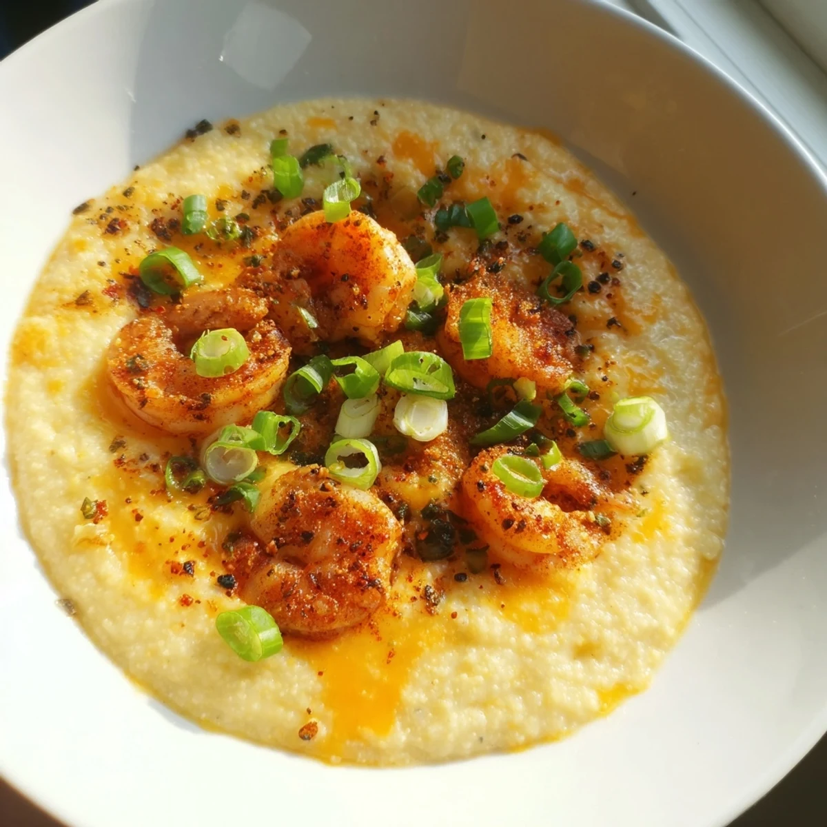 Creamy cheddar grits topped with Cajun spiced shrimp, garnished with fresh scallions and parsley.