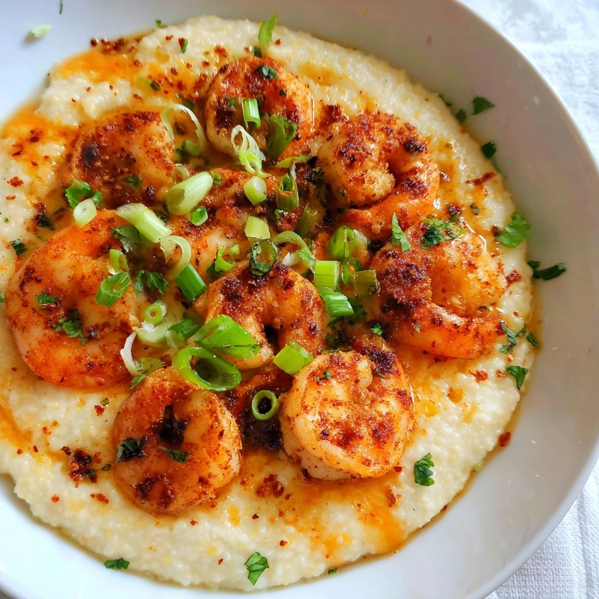 Southern-style Cajun Spiced Shrimp and Grits with rich cheddar, colorful scallions, and a dash of hot sauce.