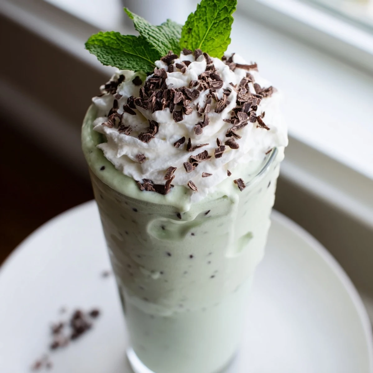 Creamy Mint Chocolate Chip Milkshake with Whipped Cream topped with chocolate shavings and fresh mint in tall glasses.  