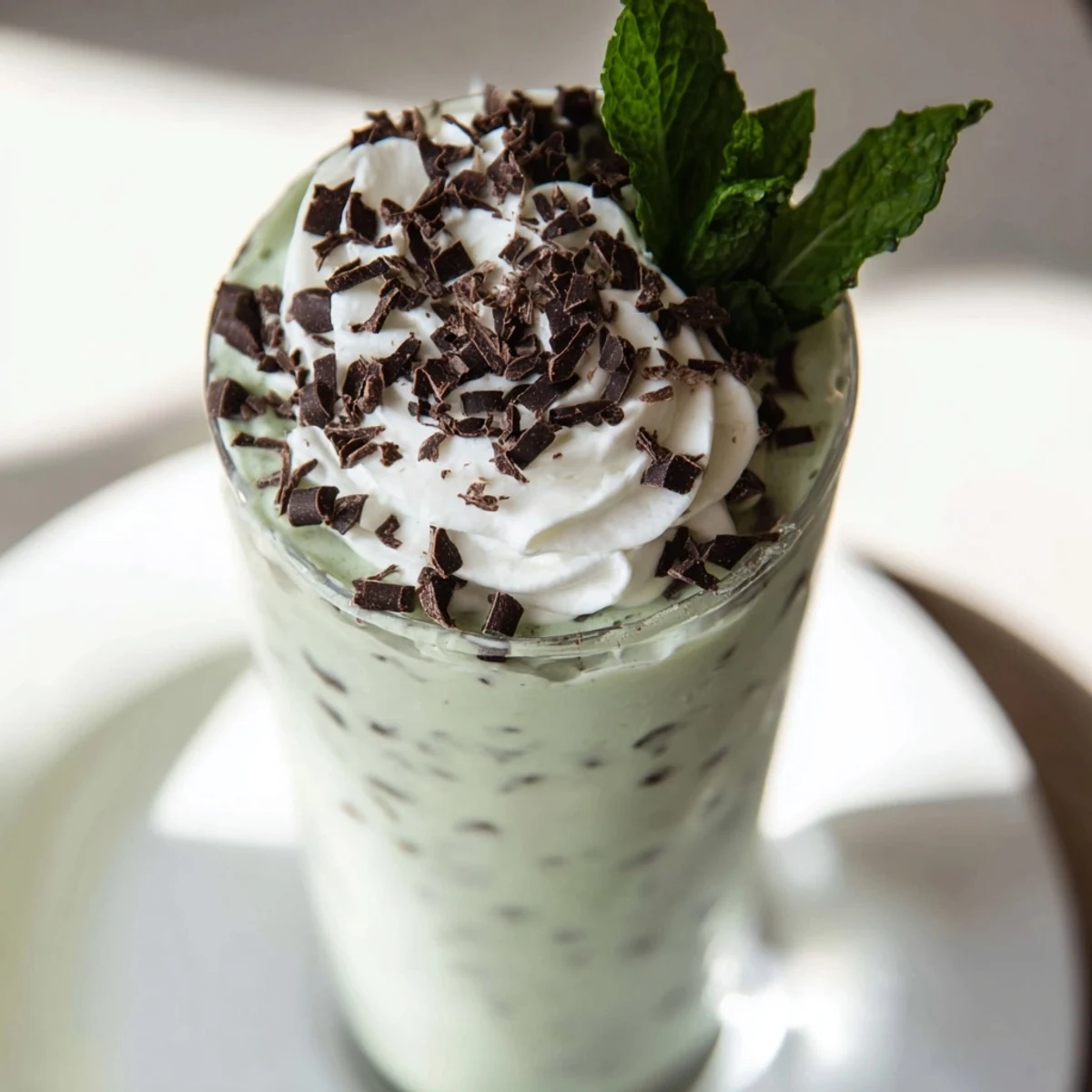 Close-up of Mint Chocolate Chip Milkshake with Whipped Cream garnished with mint leaves and chocolate chips on top.