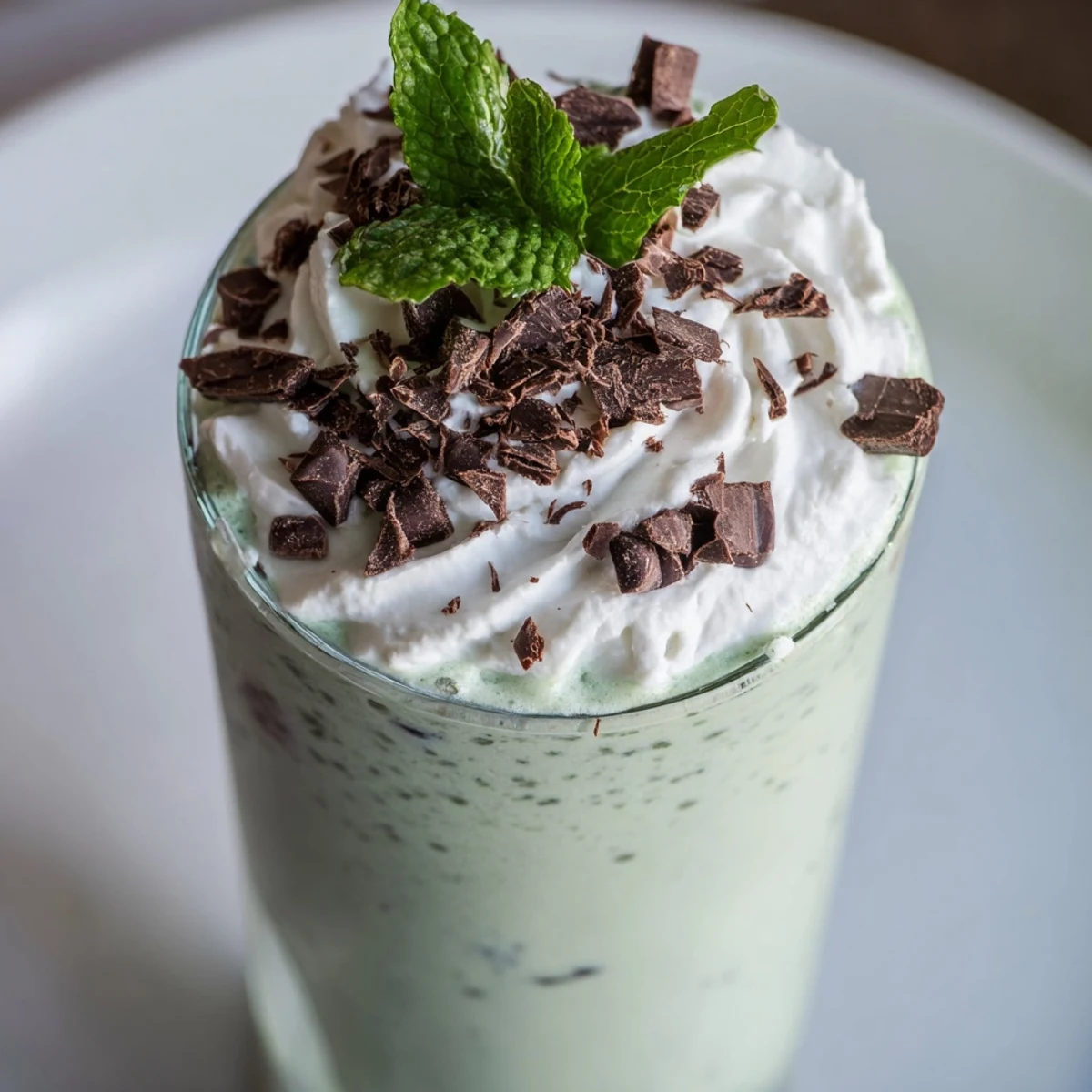 Two tall glasses of Mint Chocolate Chip Milkshake with Whipped Cream alongside chocolate chip cookies for serving.  