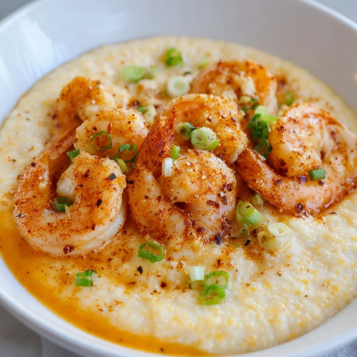 Golden-brown Cajun Spiced Shrimp and Grits with Cheddar piled high on a plate, steam rising from the creamy mixture.  