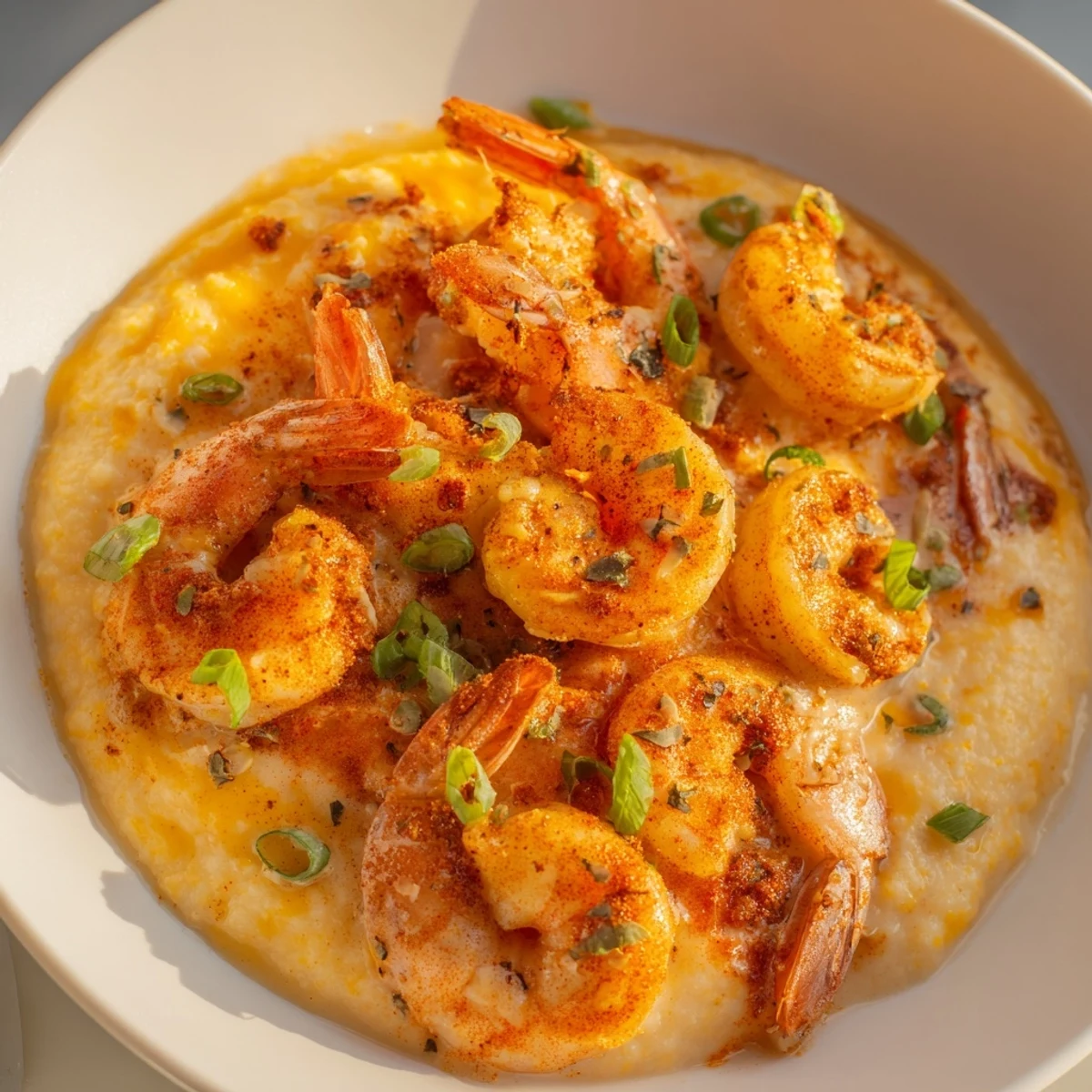 Comforting Cajun Spiced Shrimp and Grits with Cheddar garnished with fresh parsley and sliced green onions for a pop of color.  