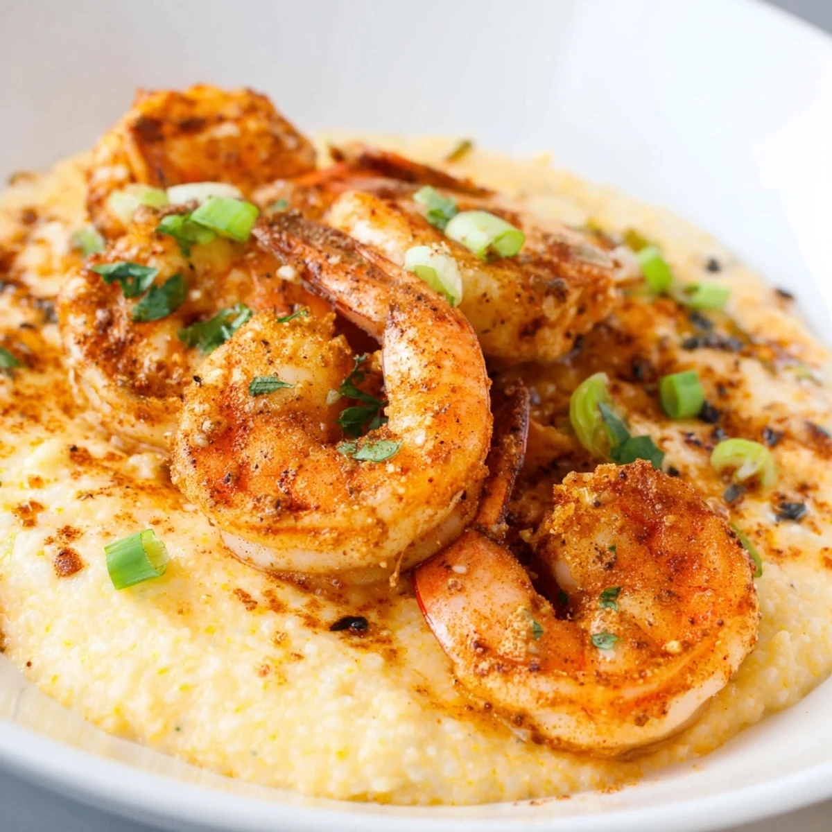 A hearty bowl of Cajun Spiced Shrimp and Grits with Cheddar featuring plump shrimp and a rich, buttery sauce.