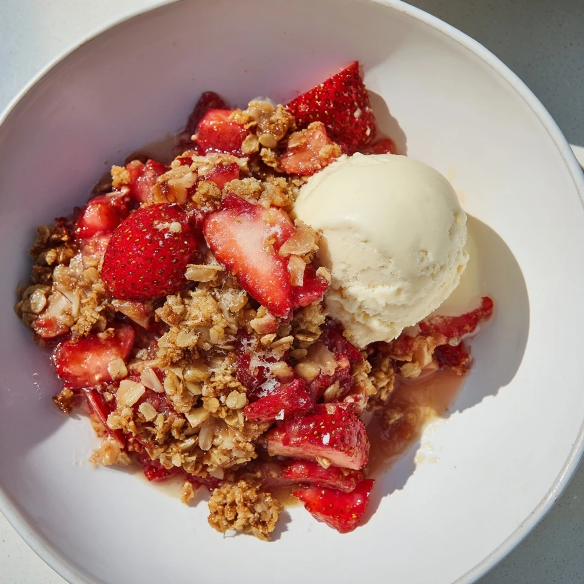 Warm Strawberry Rhubarb Crumble with Vanilla Ice Cream sits in a baking dish, its golden oat topping bubbling around ruby fruit.