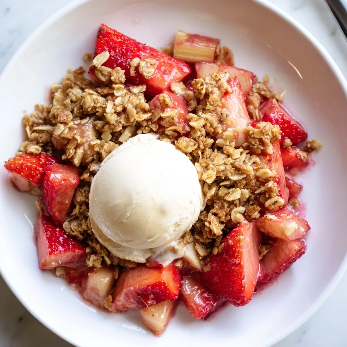 A serving of Strawberry Rhubarb Crumble with Vanilla Ice Cream shows scoops melting into sweet, tangy, buttery crumble on a rustic plate.