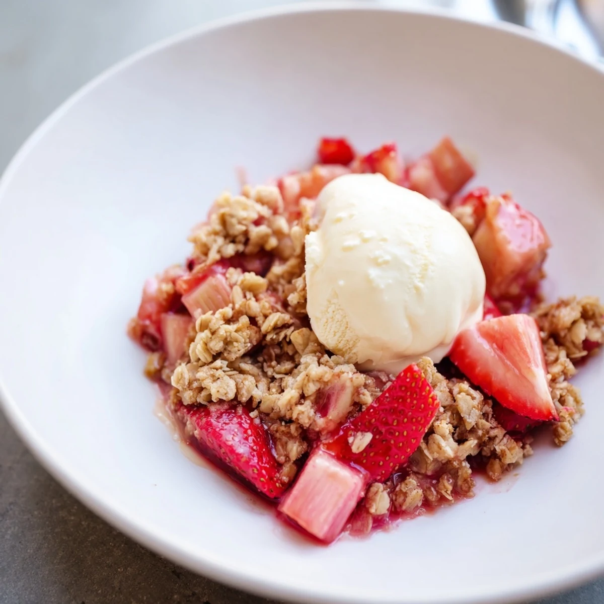 Close-up of Strawberry Rhubarb Crumble with Vanilla Ice Cream highlights juicy strawberries and tart rhubarb under a crunchy oat topping.