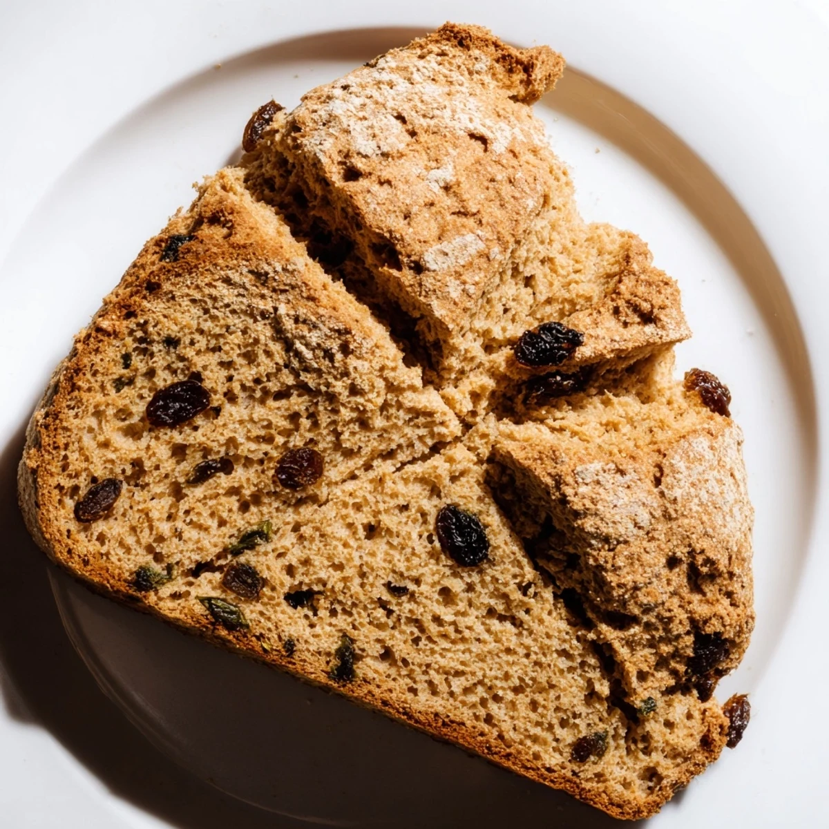Slice of warm Whole Wheat Irish Soda Bread with Currants, revealing a tender crumb studded with sweet dried fruit.
