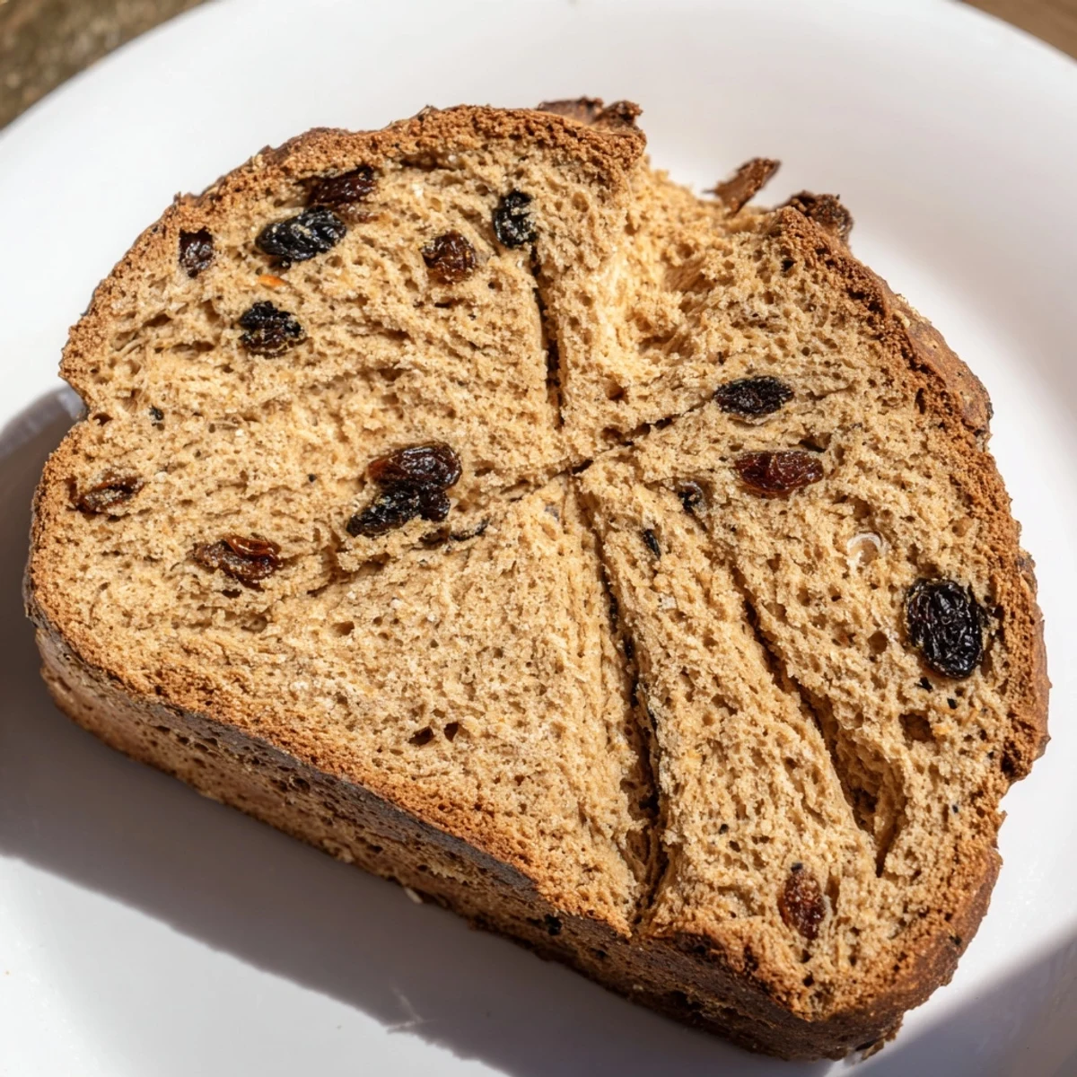 Wholesome Whole Wheat Irish Soda Bread with Currants served with butter and honey, perfect for a cozy breakfast.