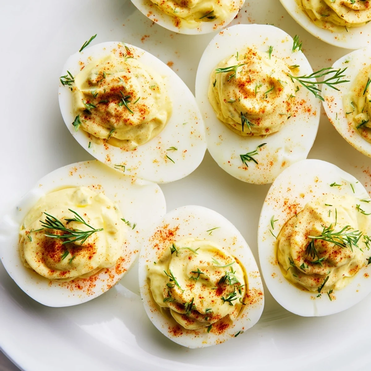 A close-up of Deviled Eggs with Fresh Dill and Smoked Paprika piped into halved egg whites.