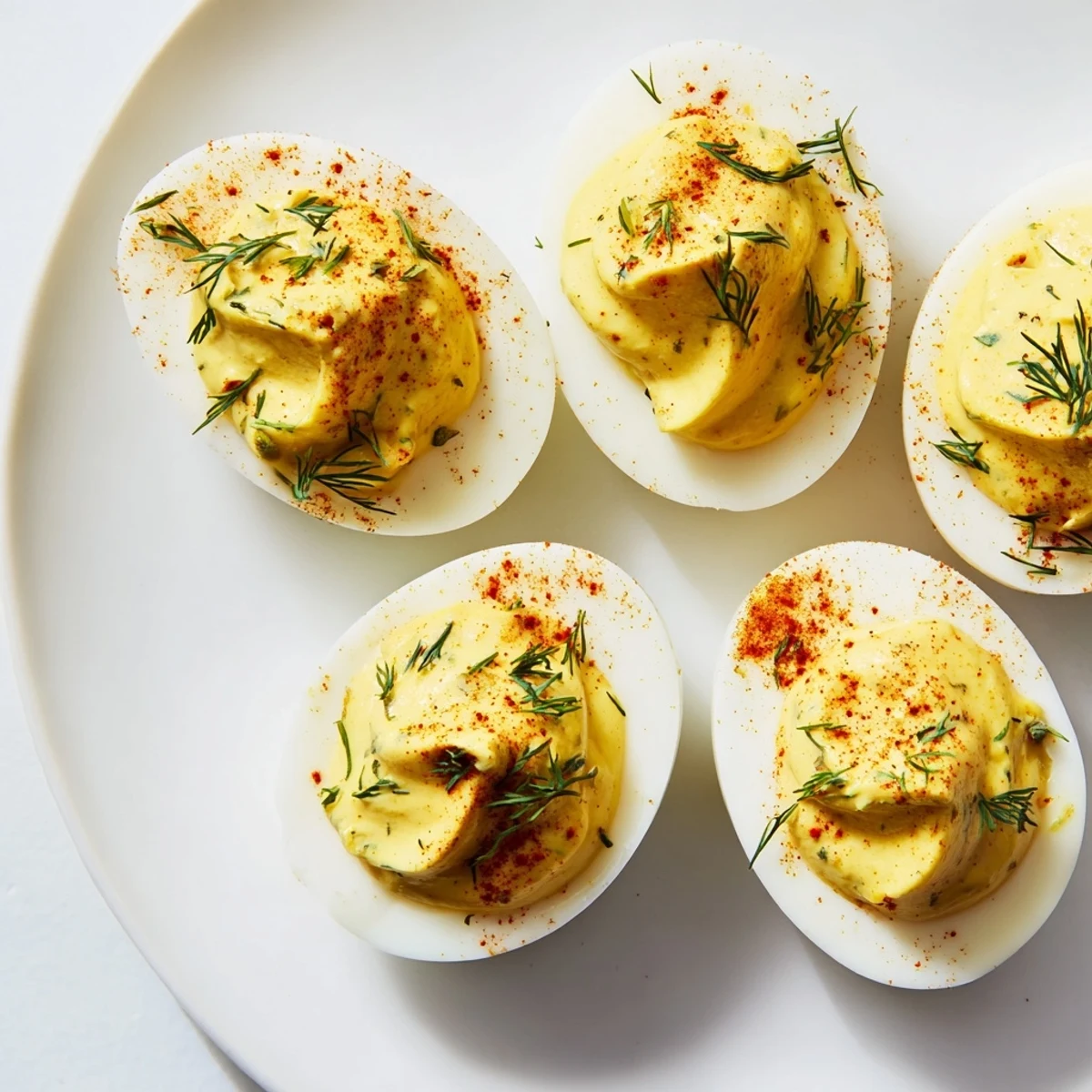 Deviled Eggs with Fresh Dill and Smoked Paprika garnished with paprika and herbs on a white platter.