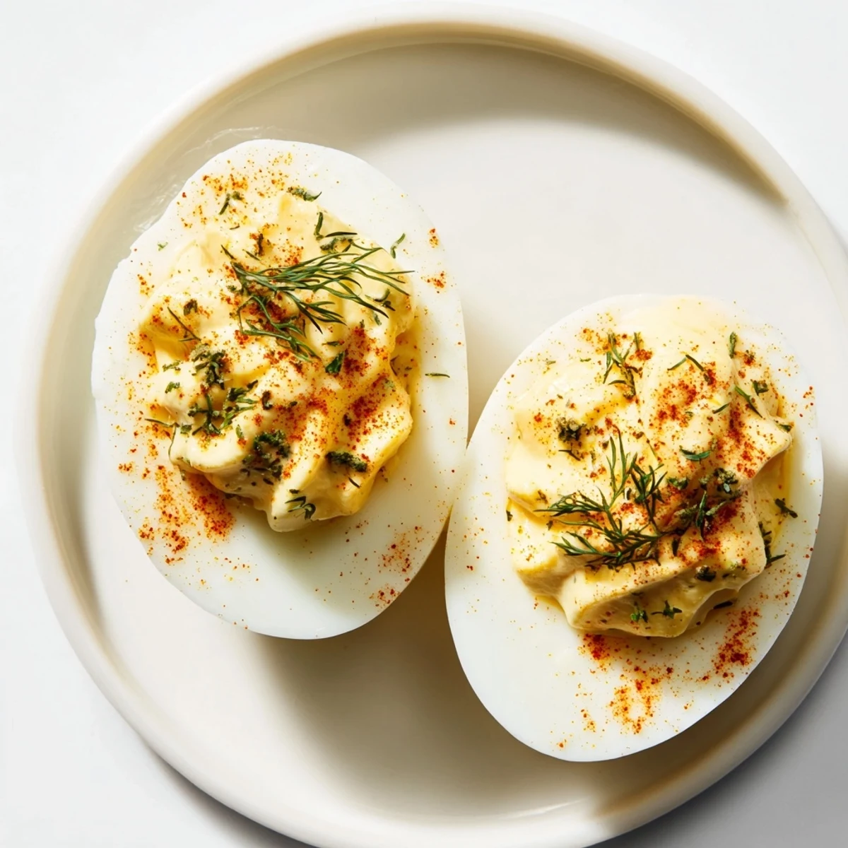 Chilled Deviled Eggs with Fresh Dill and Smoked Paprika arranged on a serving dish for parties.