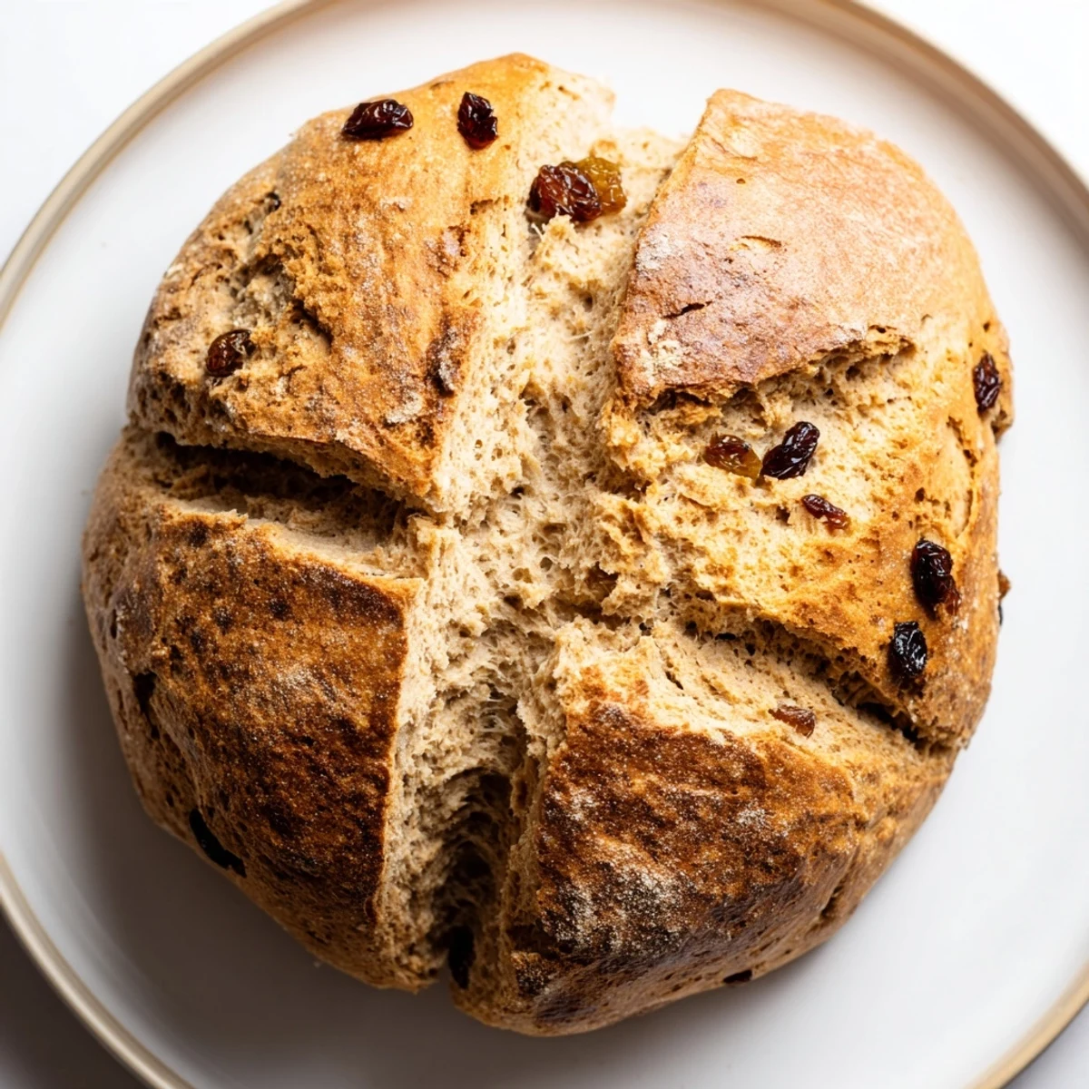 A golden-brown Whole Wheat Irish Soda Bread with Raisins sliced to reveal a tender, moist crumb studded with sweet raisins.