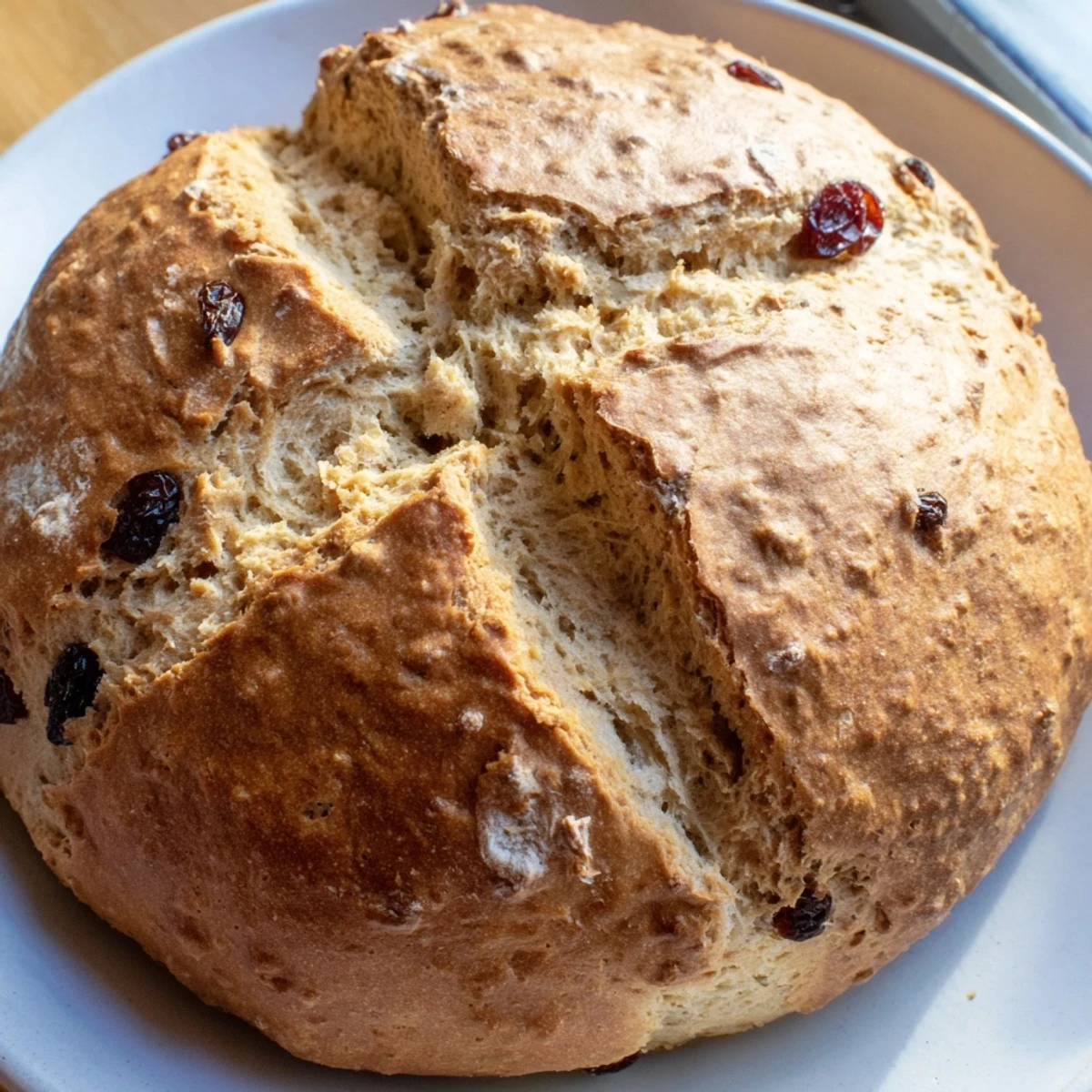Close-up of a freshly baked Whole Wheat Irish Soda Bread with Raisins, showcasing the cross-cut top and plump, juicy raisins inside.
