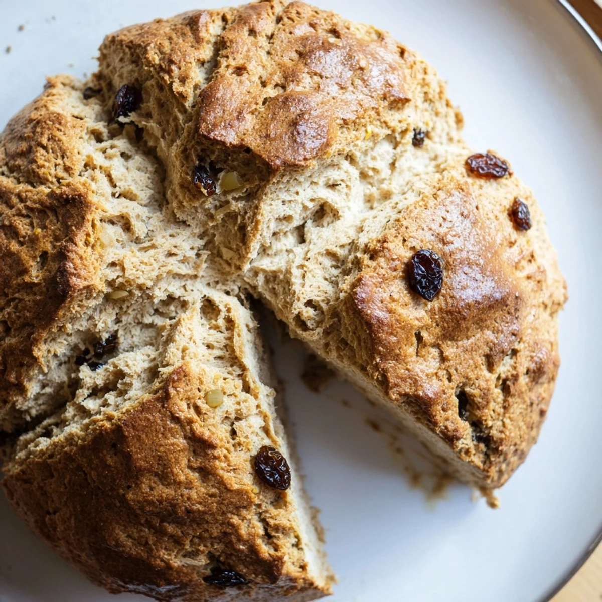 A rustic round loaf of Whole Wheat Irish Soda Bread with Raisins, brushed with butter and baked to perfection on a tray.