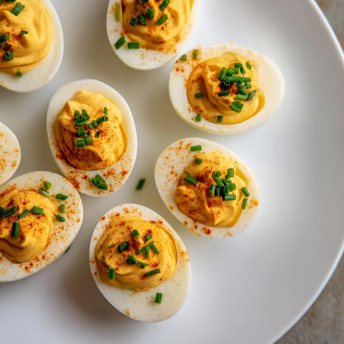 Perfectly halved Deviled Eggs with Chives and Smoked Paprika garnished with paprika dusting.