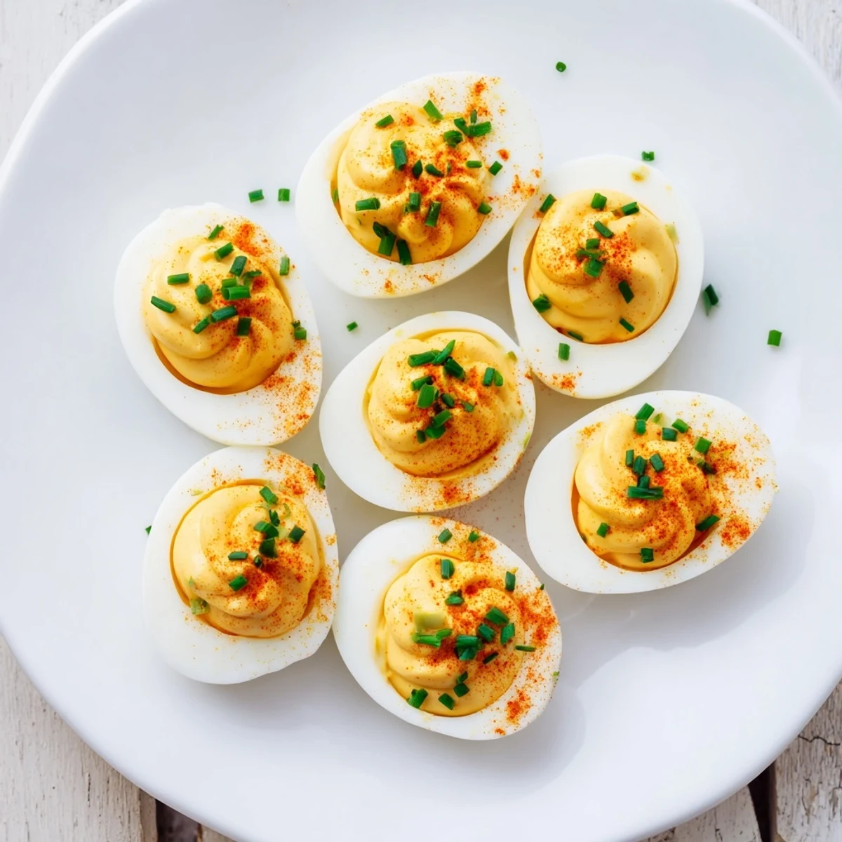 Savory Deviled Eggs with Chives and Smoked Paprika served chilled on platter.