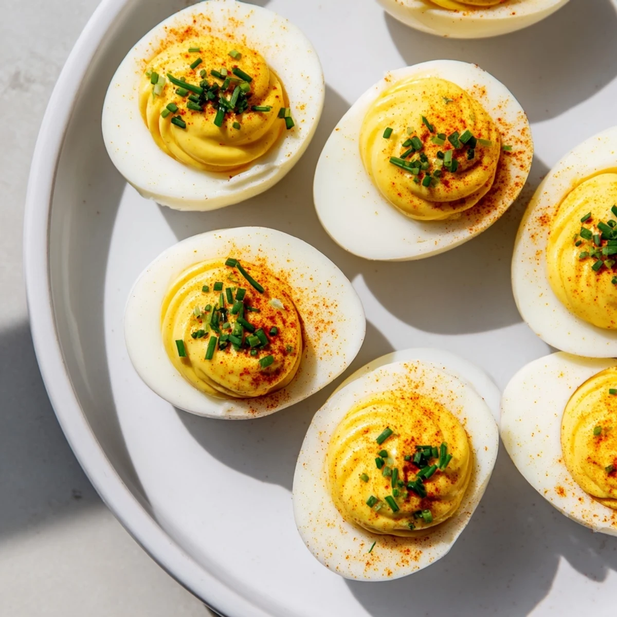 Appetizer platter of Deviled Eggs with Chives and Smoked Paprika for gatherings.